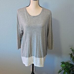 J JILL Cotton Modal Tunic Gray w/White Eyelit Panel 3/4 Sleeves Scoop Neck Sz XL